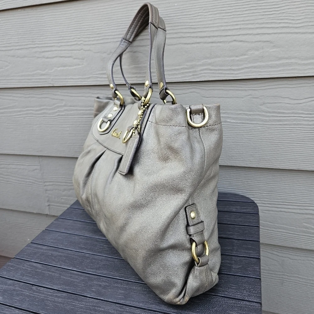 COACH Ashley Carryall Satchel Steel Gold Leather Hobo Shoulder Bag Purse F15513